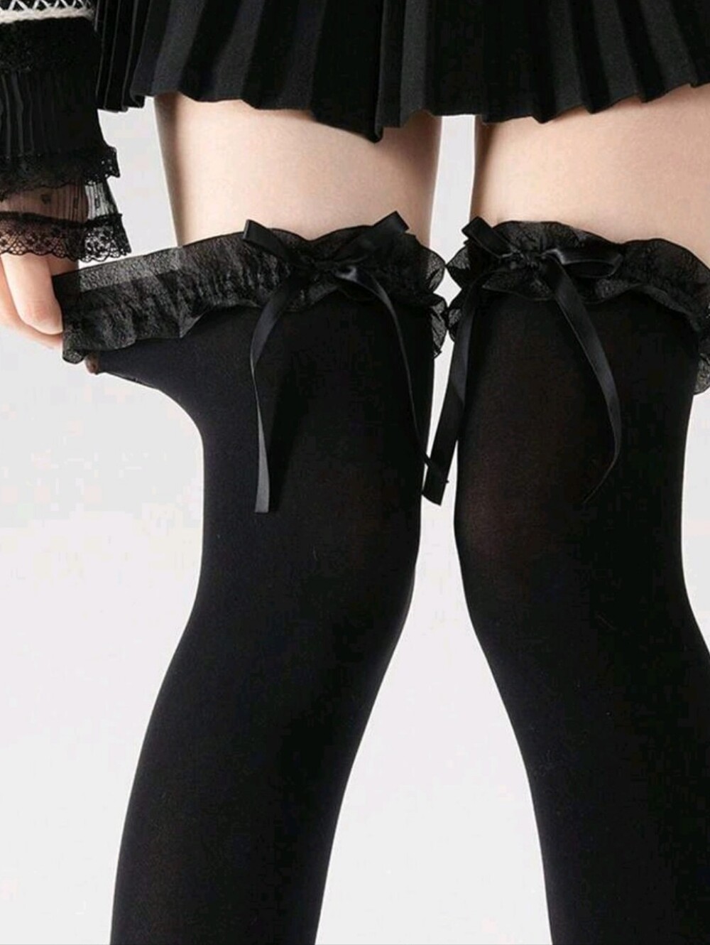 NWT, Black Lace Trim Thigh High Socks with Bow
